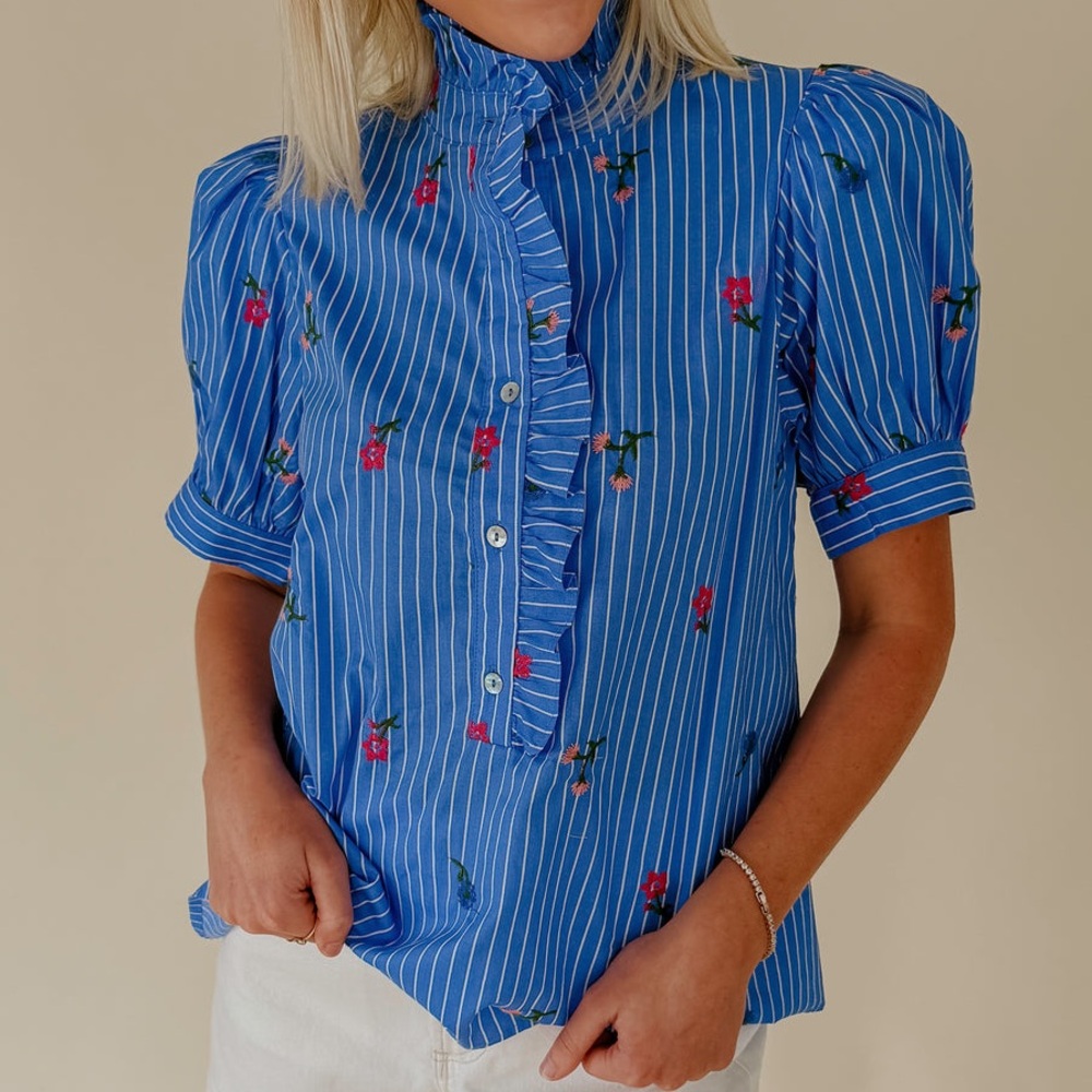Blue Striped Floral Ruffle Button-Front Blouse - Women's Top